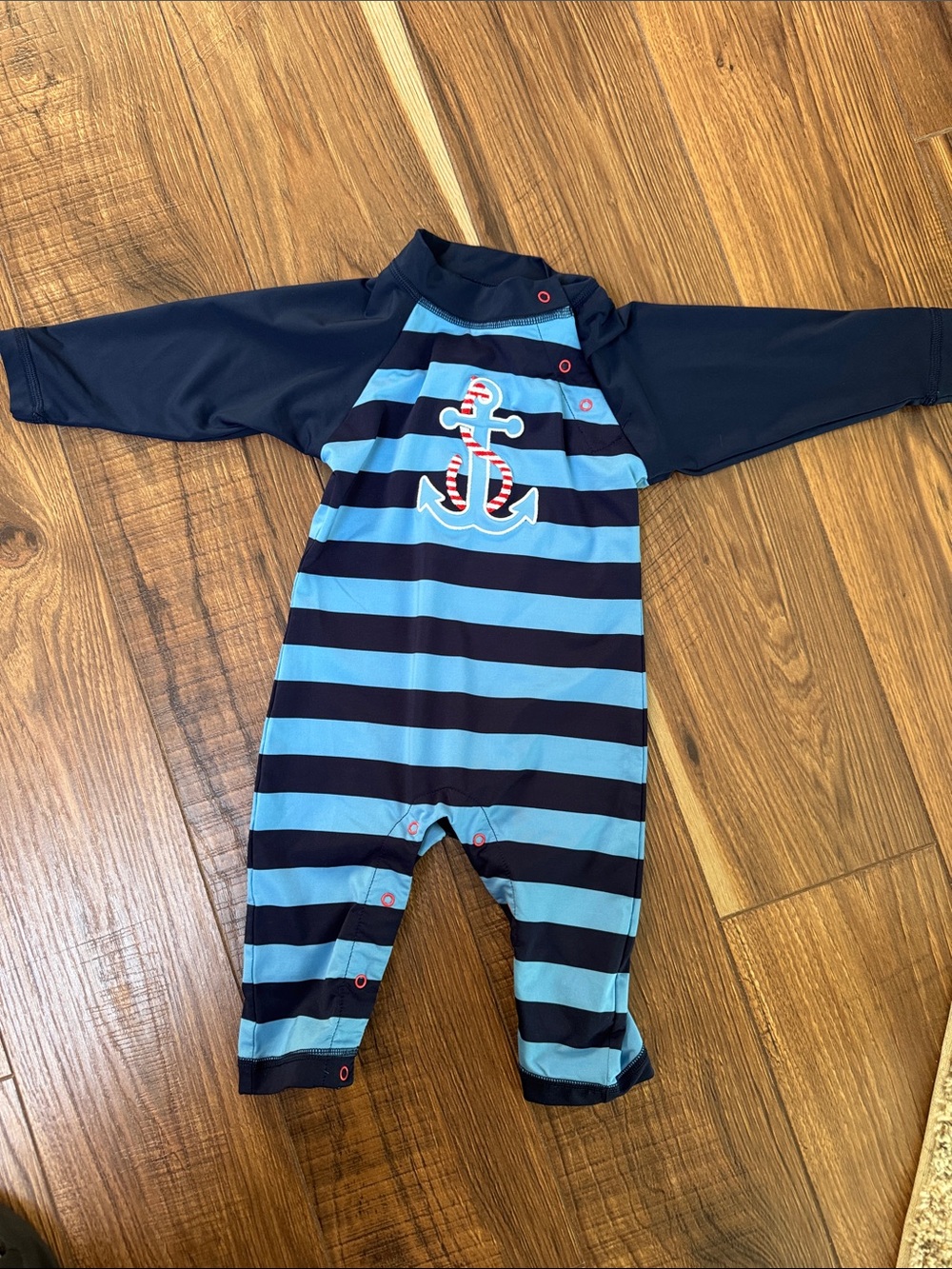 EUC Coolibar Navy and Light Blue Striped Anchor Rashguard One-Piece